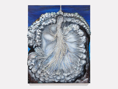 Kate Klingbeil. Flight (Nerves), 2023. Acrylic, pigment, ceramic, shells from Lake Michigan, and oil stick on canvas, 60 1/4 x 49 x 2 1/2 inches (153 x 124.5 x 6.4 cm). Courtesy of Steve Turner