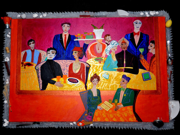 Marisa Laurito, Il ristorante, 2011, 100 x 130 cm, Tecnica mista con acrilico, silicone e oggetti vari