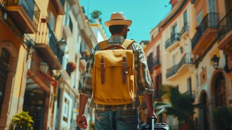 A solo adventurer walking through a colourful urban escape with simple travel gear, representing the freedom that comes with intentional spending