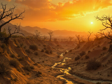An almost-dry river under a burning sky, reflecting the deepening water crisis affecting communities dependent on agriculture