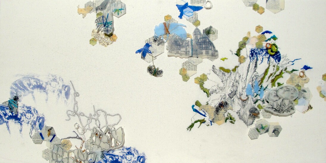 Stephanie Graham, We Used To Live Here (Blue), Collage & Mixed Media on Canvas, 18" x 36"