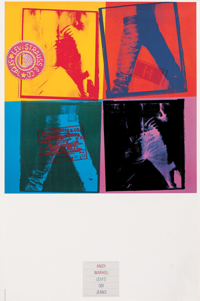 Andy Warhol (1928-1987), Levi’s 501 Jeans, 1984, Offset lithograph, 89.8 × 58 cm. For promotion in the American stores. Publisher: Levi Strauss & Co., San Francisco. Collection Paul Maréchal. © The Andy Warhol Foundation for the Visual Arts, Inc. / SODRAC (2014). Photo Roch Nadeau, courtesy Paul Maréchal