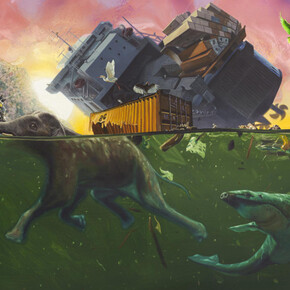 Alexis Rockman, Ark, 2014, Oil and alkyd on wood panel, 44 x 56 in. (111.8 x 142.2 cm). Courtesy of the artist and Sperone Westwater Gallery, New York