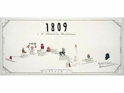 Jonathan Herder, "1809," Stamp collage, ink on paper, 9 x 20 inches