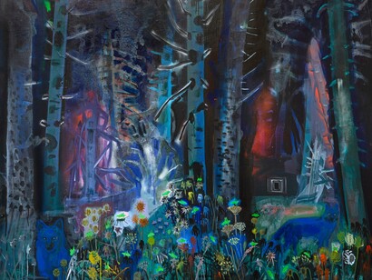 Jennifer Coates, Blue Coyotes, Katydids, and Bunker (detail), 2023, Acrylic and spray paint on canvas, 48 x 60 in (121.9 x 151.4 cm). Image courtesy of the Artist and High Noon Gallery