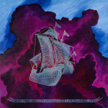 Richard Armendariz, Blown off Course, Blinded by spirits, 2020, Carved mixed media on panel, 48 x 48 in