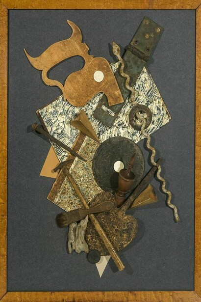 John Sideli, Composition with Serpent, 2013, Mixed media on wood, varnished, 30 x 24 5/8 x 3 ½ in.