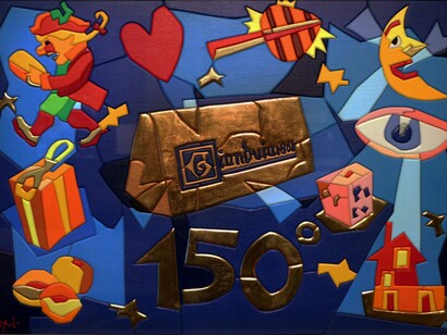 Ugo Nespolo, 150° anniversario del gianduiotto, puzzle in legno laccato, 2015