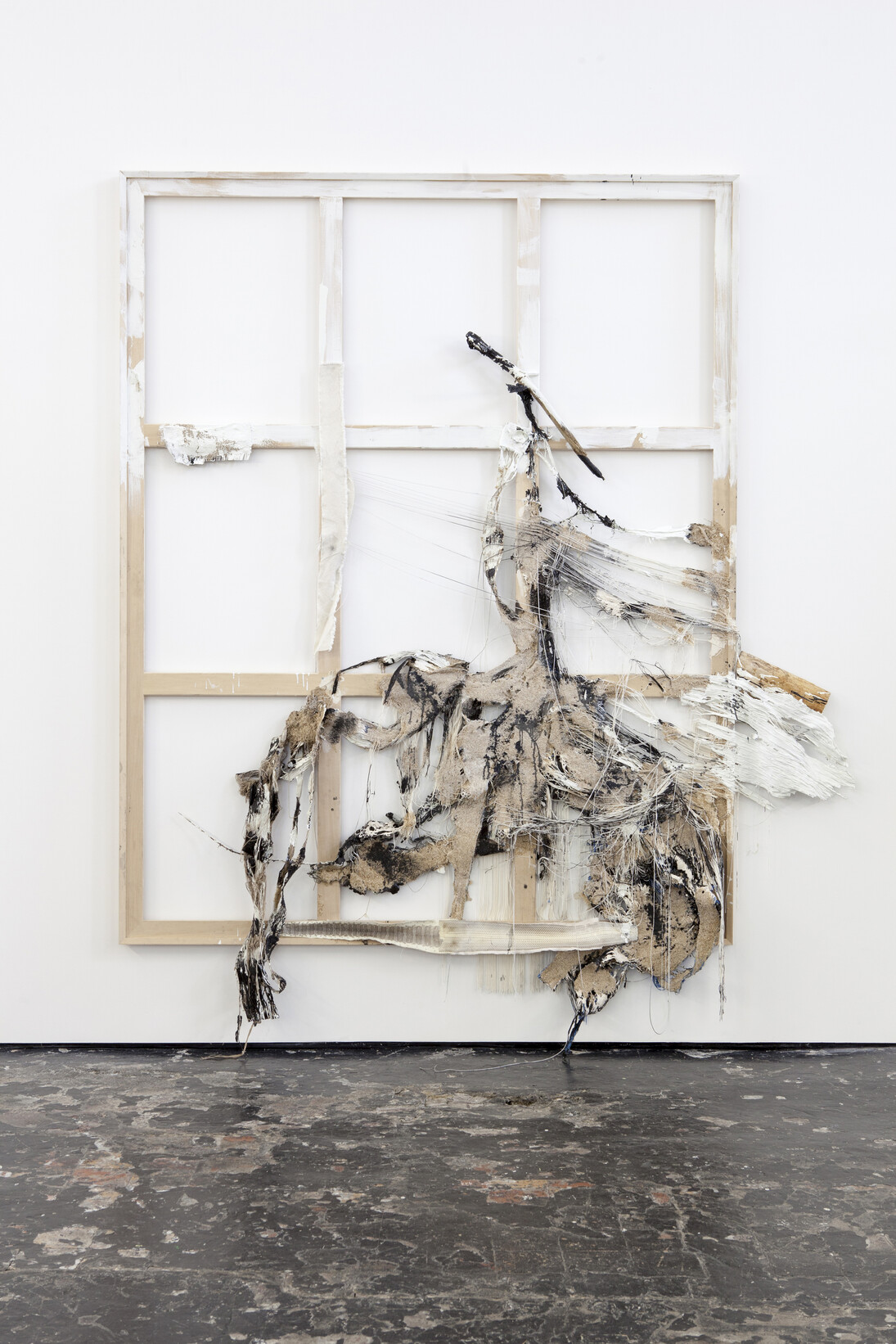 Rosy Keyser, Eve's First Confusion Between Penises and Snakes, 2012, String, sawdust, wood, enamel, dye and snakeskin, 284.5 x 241.3 x 15.2 cm / (112 x 95 x 6 in), Courtesy of the artist and Zabludowicz Collection. Photo: Tim Bowditch