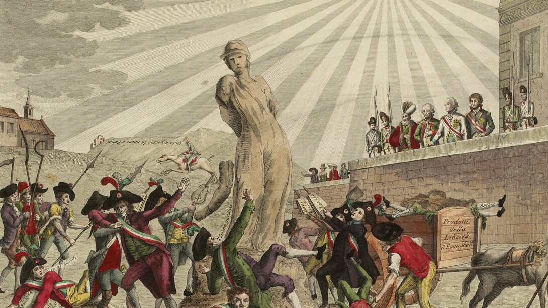 "Estatua de la Democracia hecha de escombros, descomponiéndose bajo la mirada de los soberanos unidos contra Francia", caricatura anónima, 1799