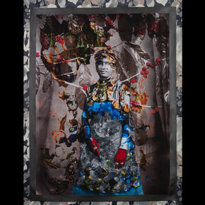 Renluka Maharaj, Zahra and Her Dragon, 2023, pigmented ink print, acrylic paint, acrylic markers, thread, fabric on canvas with bamboo pole, 63x48 inches. Courtesy the artist and Welancora Gallery