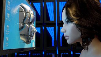 A female mannequin gazes at a computer screen, exploring the world of Generative AI and Artificial Intelligence