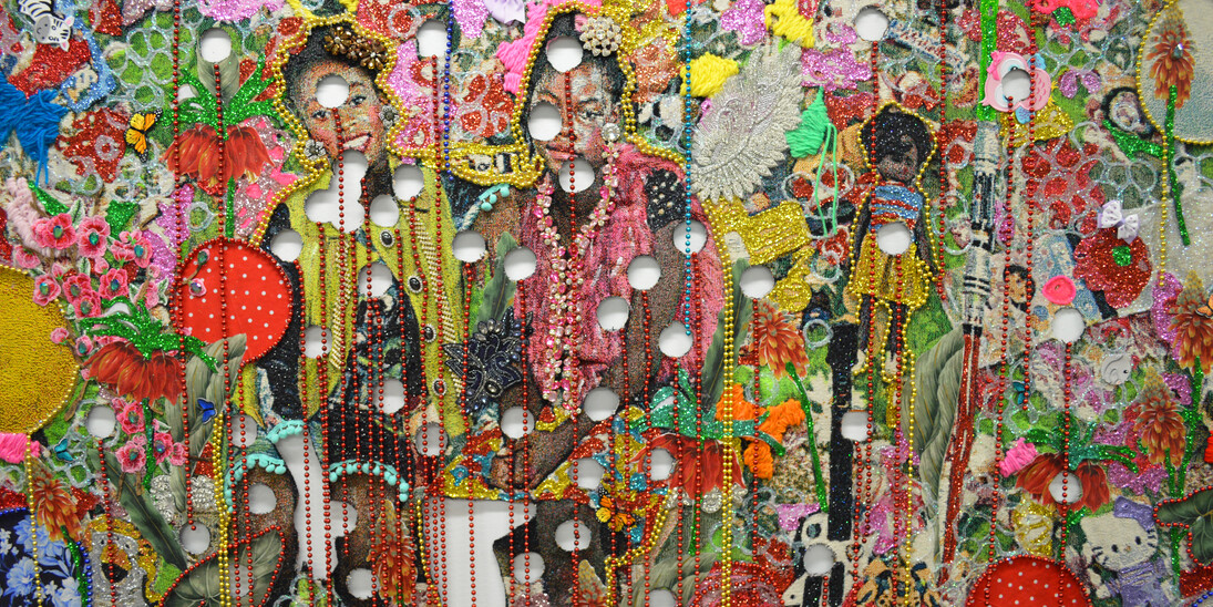 Ebony G. Patterson​, Detail of ​...they were beautiful like the moon... they were just babies... they were just girls... (...when they grow up), 2016-2018​, ​Hand-embellished jacquard tapestry, beads, glitter, appliqués, embroidery, tassels, trim, rhinestones, buttons and hand-cut elements with broken metal and plastic trophy heads, and hand-cast balloons​, ​108 x 36 x 96 in​. ​Courtesy of the artist and Luis De Jesus Los Angeles.