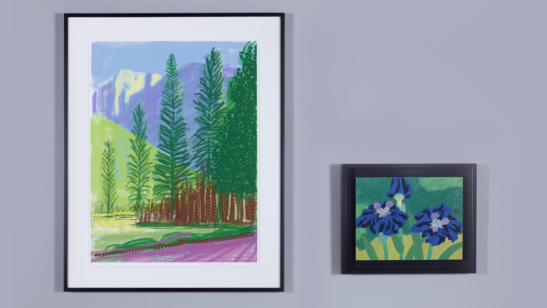 Left: David Hockney "Untitled No. 12" from "The Yosemite Suite"  Right: Heihachiro Fukuda  Blue flags ⒸTHE CLUB
