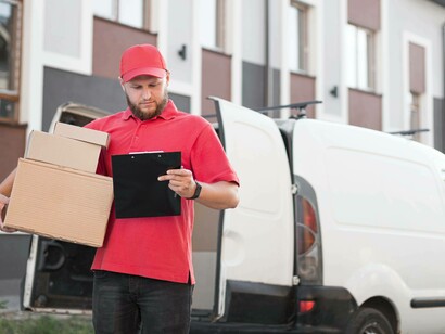 Corriere con cappellino rosso controlla una lista di consegna mentre trasporta pacchi davanti a un furgone bianco parcheggiato in una zona residenziale