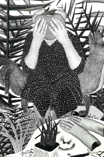 Work gloves, 84x60cm, Ink on Paper, 2018. Courtesy of Bendana | Pinel & artist