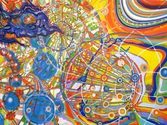 Out of the Blue, 2011, ink and airbrush on paper, 52 x 94 inches