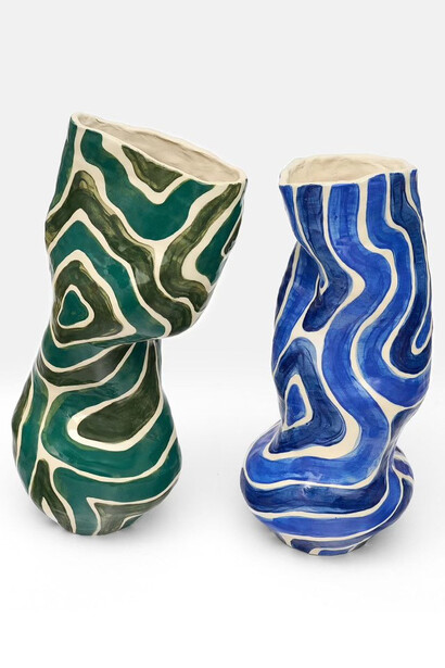 Leyla Khosrowshahi, Whimiscal vase 01 (Green), whimisical vase 02 (Blue), 2025. Courtesy of Leila Heller Gallery