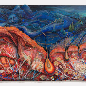 Kate Klingbeil. Freeze, 2023. Acrylic, pigment, vinyl paint, pumice, sand, shells, and rocks collected from Lake Michigan, ceramic, and oil stick on canvas, 67 x 86 x 2 1/2 inches (170.2 x 218.4 x 6.4 cm). Courtesy of Steve Turner