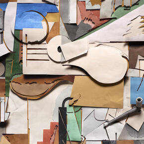 Vik Muniz, Surfaces: Bottle, Guitar and Pipe, after Pablo Picasso, 2023, mixed media, one of a kind, 44x53x2 1/4 inches. Courtesy of the artist and Rena Bransten Gallery, San Francisco