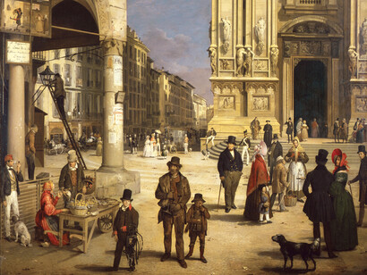 Angelo Inganni, View towards Milan cathedral square with the Coperto dei Figini, 1838. Courtesy of the Leopold Museum