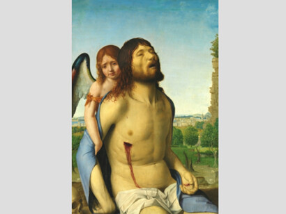 The dead Christ supported by an Angel, 1475 - 1476. Mixed method on panel, 74 x 51 cm. Courtesy of Museo del Prado