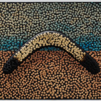 Daniel Boyd, Untitled (AIAFNSCAI), 2023. Oil, watercolor, pencil, found boomerang, and archival glue mounted on wooden panel, 11 3/4 x 19 3/4 in. / 30 x 50 cm. Courtesy of the artist and Marian Goodman Gallery