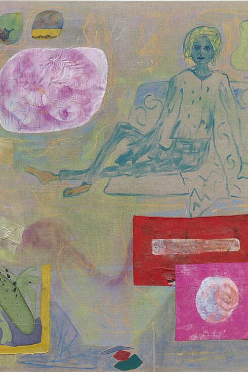 Max Brand, Untitled, 2014, oil, acrylic, aerosol lacquer, marker, chalk, fineliner on fabric, 180 x 150 cm, 70 x 59 ins