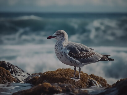 Against the backdrop of a rugged rock, a seagull stands proudly, embodying the untamed spirit of freedom in the heart of nature
