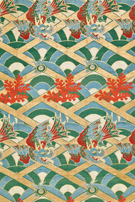 Nishiki. Rows of winged dragons, coral branches, and flaming jewels, set on a ground of stylized waves and a gold cypress-fence lattice. Silk, lampas, twill ground; flat gold thread. End of Edo period, inscription dated 1843. CB-TJ-1927-40 © Copyright Baur Foundation, Geneva (Switzerland)



