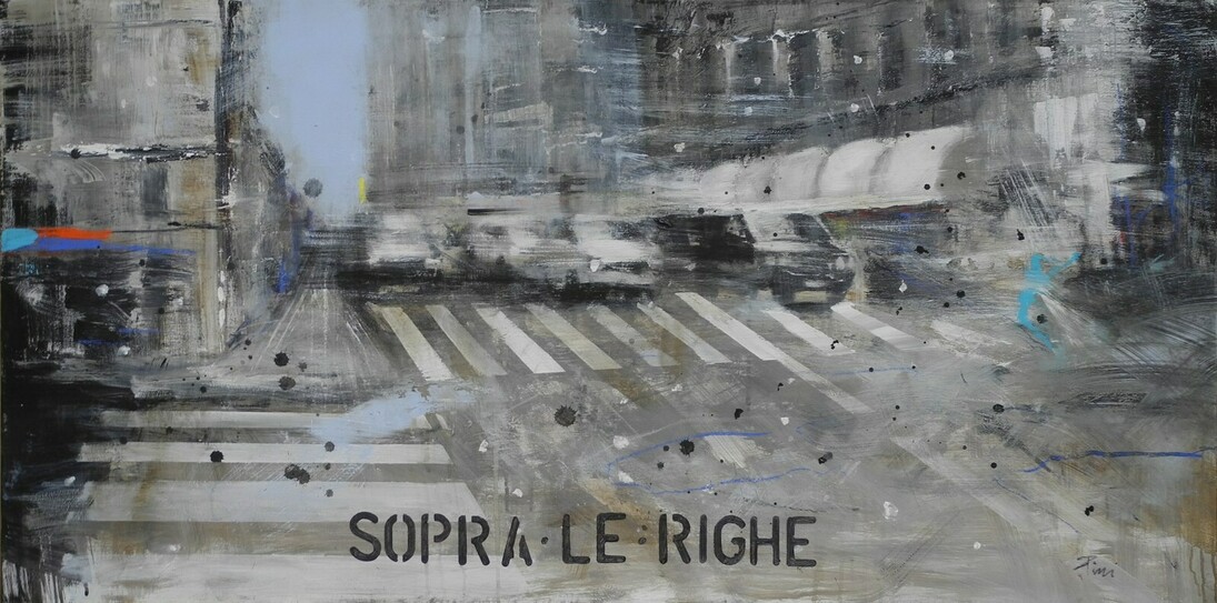 Alfredo Pini, Sopra le righe, 2015, olio su tela, cm. 60x120 