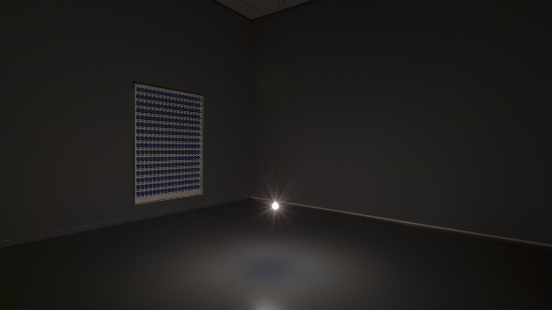 Katie Paterson, Light bulb to Simulate Moonlight, 2008, 289 frosted colored halogen lightbulbs (28W, 4500K), crate, and logbook, Dimensions vary with installation, edition 2/9 Solomon R. Guggenheim Museum, New York 
Purchased with funds contributed by Ahmar M. and Noreen K. Ahmad and an anonymous donor 2011.31
© Katie Paterson, Photo: Dimitris Skliris for Modern Art Museum of Fort Worth, courtesy James Cohan Gallery, New York and Shanghai
