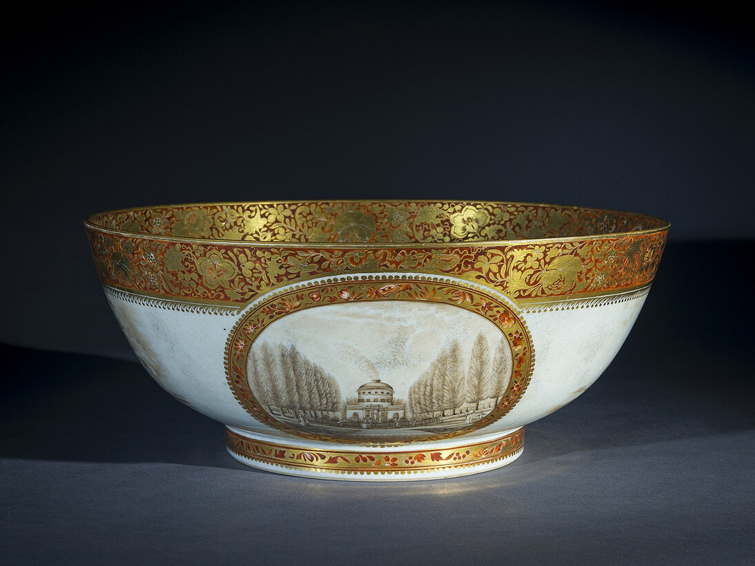 Punch Bowl with Views of the Centre Square Waterworks, Philadelphia, and Two Views of War of 1812 Engagements, about 1812, Chinese, for the American Market, Porcelain, partially painted and gilded, 5 1/2 in. high, 13 7/16 in. diameter. Photo credit: Eric W. Baumgartner