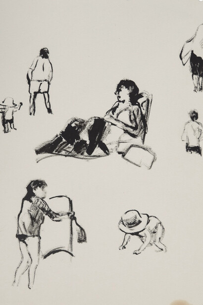 Nicholas Harding, Untitled (Beach figures, baby and boogie board), 2025. Courtesy of Olsen Gallery