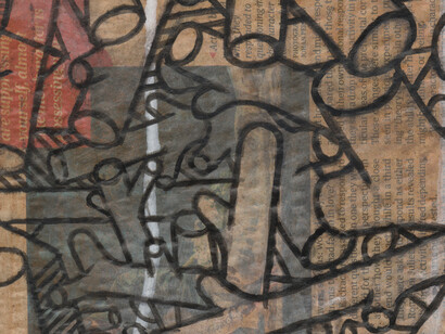 Kindling, carbon ink, newspaper on recycled cardboard, Mark Weighton 2020    