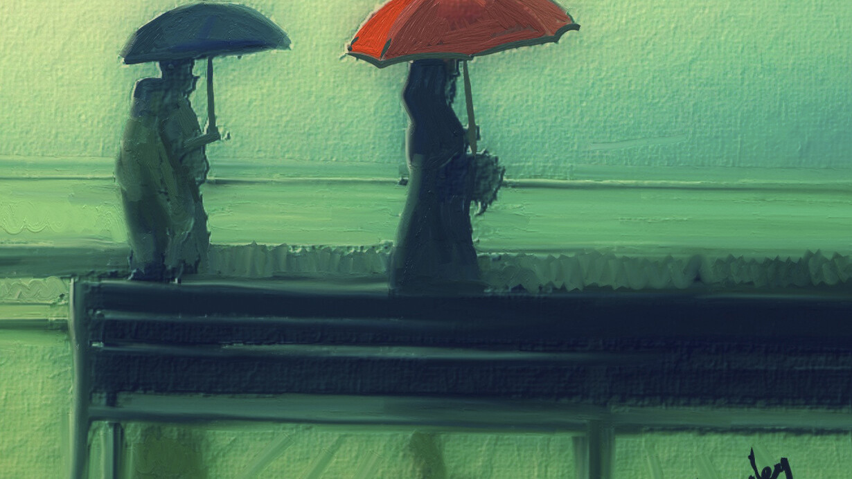 Chris Langley, Two Umbrellas (detail), Mixed Media on Canvas, 23" x 16"