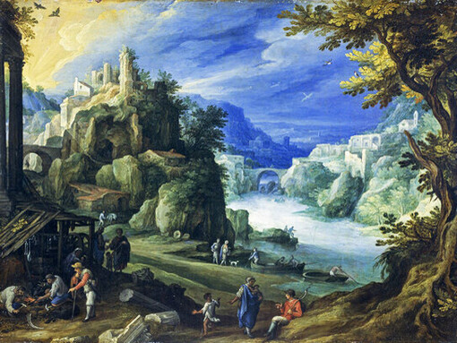 El antropomorfismo de la divinidad es problemático en el cristianismo, pues es comparable con un tótem. Paul Bril (1554-1626) «Paisaje fantástico», 1598, óleo sobre cobre. Galería Nacional de Escocia  