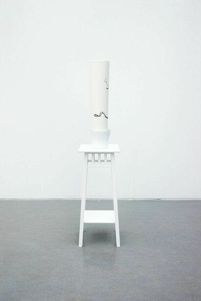 Sarah Woodfine, How to grow an apple tree, 2014, plant stand, plant pot, pencil on Saunders Waterford paper, 150 x 32 x 32 cm