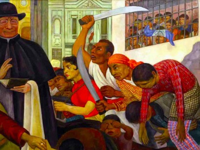 Detalle de «La gloriosa victoria» (Diego Rivera): el arzobispo Mariano Rossell y Arellano oficiando una misa sobre los cuerpos masacrados de los trabajadores