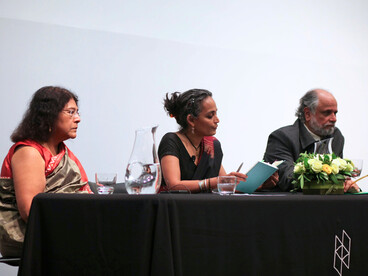 Sheila Jasanoff, Arundhati Roy, and Homi Bhabha during a Harvard lecture in 2010