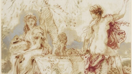 Giovanni Benedetto Castiglione, "Sacred and Profane Love," c. 1635. Coloured oil paints on paper, 21.6 x 29.5 cm. Royal Collection Trust, London.