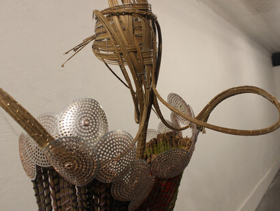 Adejoke Tugbiyele, Musician II (detail 2), 2014, Palm Stems, perforated metal, yarn, copper and brass wire, 191 x 76 x 127  cm, Image courtesy the artist