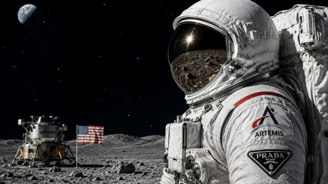 Ricostruzione di un astronauta sulla Luna che indossa una tuta Prada, autore Stefano Cavina
