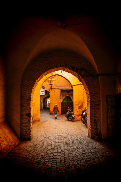 Historic archway within the narrow streets of the Marrakesh medina, Marrakesh–Safi, Morocco