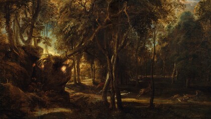 "Un bosque al amanecer con una caza de ciervos", óleo sobre madera, Peter Paul Rubens, 1635