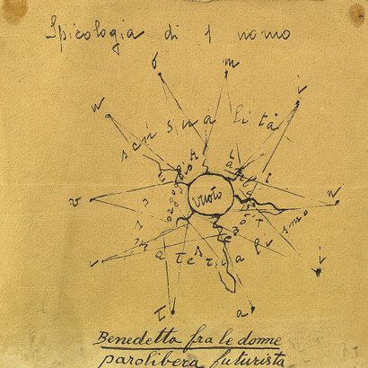 Benedetta, Spicologia di 1 uomo, 1918.  
Inchiostro su carta, 16 x 16 cm.  
Collezione privata, Milano. Foto Luca Carrà
