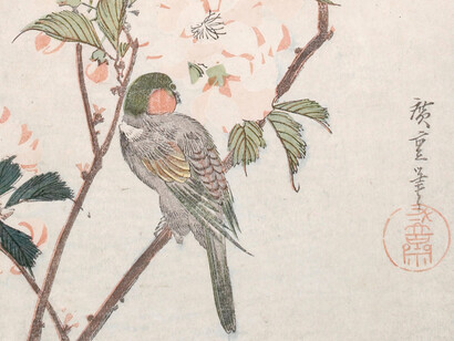 Utagawa Hiroshige - Aronia e Ciuffolotto, 1832 circa, dettaglio - Silografia policroma, 36,3 x 17 cm - Honolulu Museum of Art
