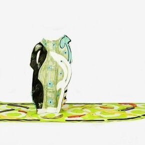 Betty Woodman, Aztec Vase and Carpet #4, 2012, Glazed earthenware, epoxy resin, laquer, paint, canvas, 36.5 x 84.5 x 35 in
