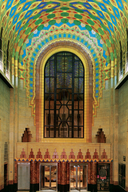 Wirt Rowland, Smith, Hinchman & Grylls Associates Inc, and Thomas di Lorenzo, 1878-1946 (Rowland), American, Main foyer at the Guardian Building, Detroit, 1929, Black marble from Belgium and red marble from Numidia, Mankato stone, and Rookwood ceramic, Art Deco

