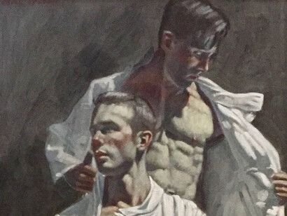Mark Beard Two Fencers 48 x 24 inches oil on canvas. Detail